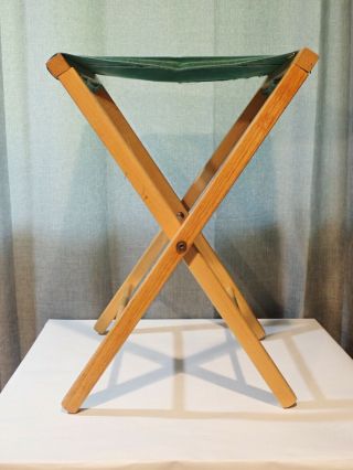 Vintage Folding Green Canvas Wood Wooden Legs Camp Fishing Stool Chair 2