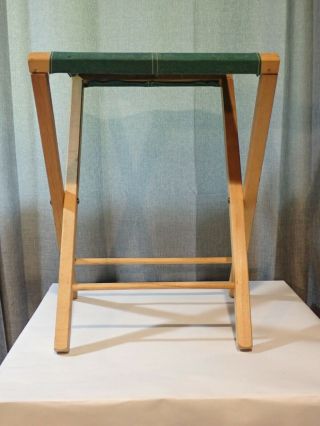 Vintage Folding Green Canvas Wood Wooden Legs Camp Fishing Stool Chair 3