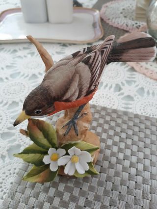 Vintage Lefton China Hand Painted Robin Bird Figurine On Branch With Flower