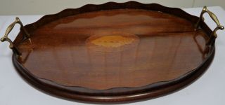 Antique Inlaid Mahogany Oval Tea Tray With Waved Gallery And Gilt Brass Handles