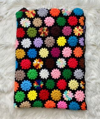 Vintage Crocheted Hand Made Granny Flowers Afghan Blanket Throw - Set Of 2