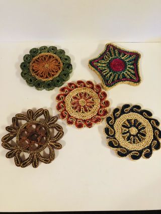 Set Of 5 Vintage Trivets Wicker Straw Woven Rattan Multi - Color Hot Pads
