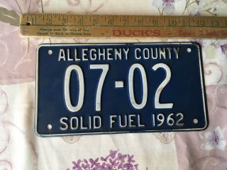 1962 Rare Allegheny County Virginia Solid Fuel License Plate 07 - 02