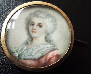 French Antique Victorian Hand Painted Lady Portrait Miniature Pin Brooch