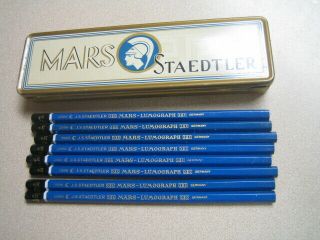 Vintage Mars Staedtler Tin Pencil Box With 8 6h Drawing Pencils