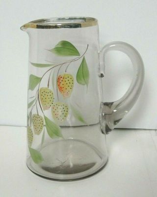 Vintage Clear Glass Gold Rim Pitcher Leaves Floral Strawberries Mid Century