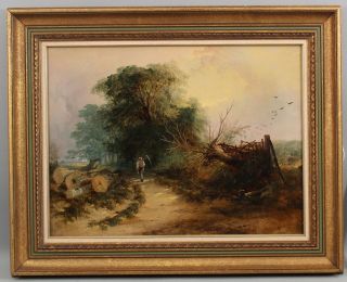 19thc Antique Signed Country O/c Landscape Oil Painting,  Farmer & Sickle,  Nr