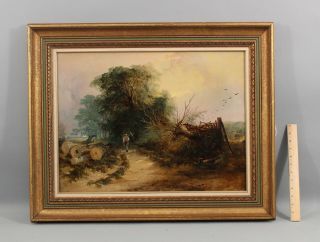 19thC Antique Signed Country O/C Landscape Oil Painting,  Farmer & Sickle,  NR 2