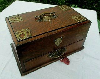 Antique Oak Desktop Stationary Writing Box Brass Carry Handle With Lock & Key