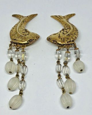 Vintage Large Gold Metal Fish Dangle Beads Earrings