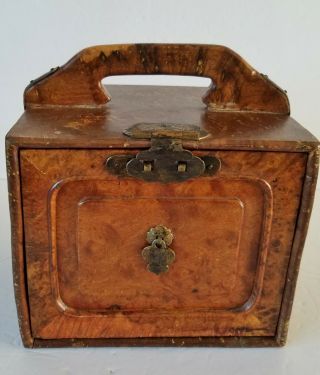 Antique Chinese Wood Jewelry Box With Brass Hardware