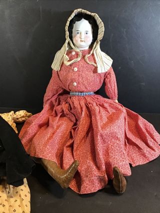 17” Antique Germany Doll With Porcelain Head Leather Feet Fabric Body Pink Dress