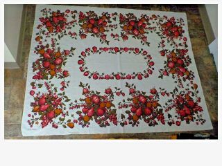 Vintage 1940 - 50 Cotton Tablecloth Burnished Colors Pears,  Cherries,  Plums Signed