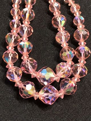 Vtg.  Two Strand Pink Aurora Borealis Crystal Necklace Graduated Choker