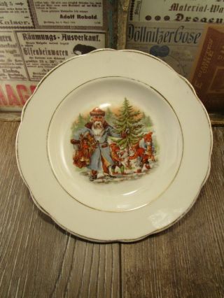 , Antique,  German Porcelain Christmas Plate / Santa Claus With Dwarf C1910 Wow