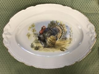 Vintage 15 1/2” Thanksgiving Turkey Platter Embassy China Usa Gold Trimmed