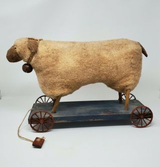 Antique Primitive Wool Sheep Pull Toy On Wheels,  Steiff?