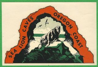 Vintage 1946 Souvenir " Sea Lion Caves " Oregon Coast Water Decal Art Gem