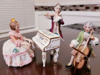 Antique Irish Dresden ? 3 Porcelain Lace Figurines Band Piano Cello Flute