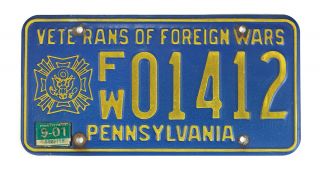 Veterans Of Foreign Wars Pennsylvania Pa Automobile License Plate 1992? 1412