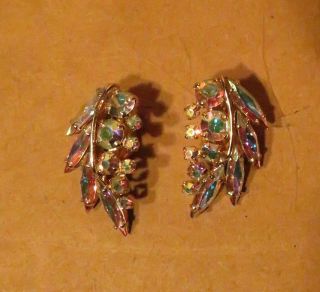 Vintage Sherman Aurora Borealis Crystal Leaf Rhinestone Earrings