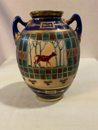 Antique Nippon Hand Painted Deer Motif Cobalt & Gold Moriage Porcelain Vase