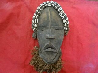 Very Fine Antique African Hand Carved Wood Mask With Shells Decoration