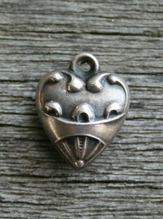 Vintage Sterling Silver Small Puffy Heart Charm - Swirls & Loops With Banner