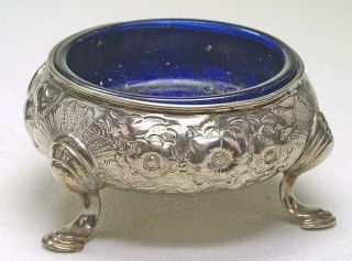 European Antique Sterling & Cobalt Glass Large Repousee Round Footed Salt Cellar