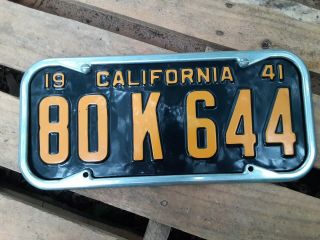 Vintage 1941 California License Plate Auto Tag 80 K 644 Black Gold