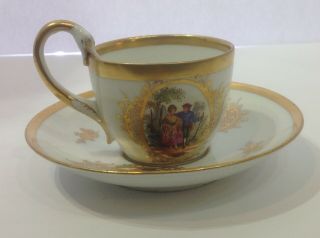 Meissen Porcelain Cup Saucer Hand Painted Couple.  Swan Handle.  Antique