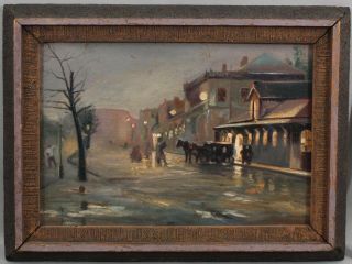 Antique Signed Impressionist Nocturnal Street Town Oil Painting W/ Horse & Buggy