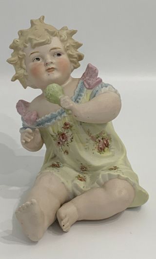 Antique German Bisque Porcelain Piano Baby 7 1/2 “ Tall