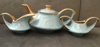 Vintage Tea Set Mid - Century Modern Turquoise Gold Trim Pearl China Co.  " Swirl "
