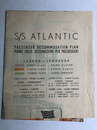 Ss Atlantic - Home Lines | 1949 Color - Coded Deck Plan
