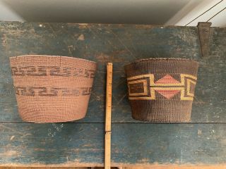 Left Basket Only Antique Native American Tlingit Twined Spruce Root Basket 2