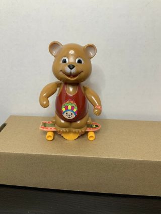 Vintage Mechanical Skate Board Wind - Up Toy Bear Crown 5 Inch Hong Kong -