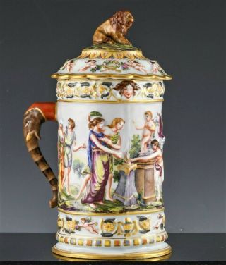 Large Antique Capodimonte Italian Porcelain Figural Stein Tankard Cup