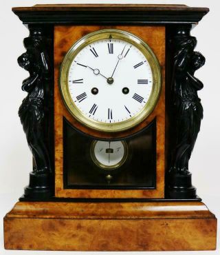 Antique 19thc French 8 Day Walnut & Ebonised Carved Pillars Mantel Bracket Clock