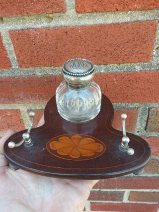 Desk Set 925 Sterling Silver Fountain Inkwell Inlay Wood Crystal Antique