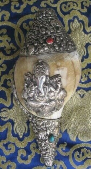 Antique Handmade Tibetan Buddhist 92.  5 Silver Sankha,  Dhun,  Conch Shell,  Nepal