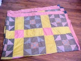 Vintage Hand Made Quilt Top - Blue Blocks Alternating With Yellow Print & Pink