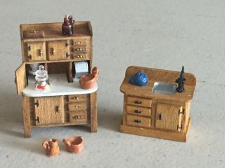 Vintage 1:48 Dollhouse Miniature Hoosier Cabinet & Pump Sink Artist Signed Phm