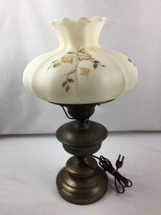 Vintage Brass Hurricane Electric Lamp With Hand Painted Frosted Glass Shade