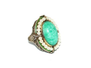 Stunning 1920s Art Deco Sterling Pearl Enamel Peking Glass Filigree Ring Antique