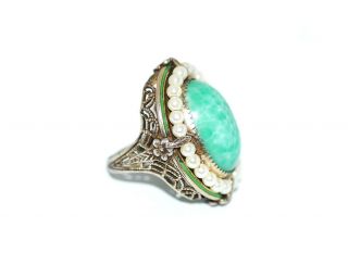 Stunning 1920s Art Deco Sterling Pearl Enamel Peking Glass Filigree Ring Antique 2