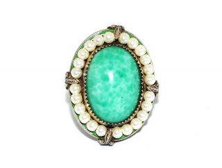 Stunning 1920s Art Deco Sterling Pearl Enamel Peking Glass Filigree Ring Antique 3