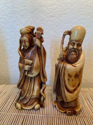 2 Asian Statue Figurine Handcrafted Resin Vintage Italy Cheswick Pa 7 "