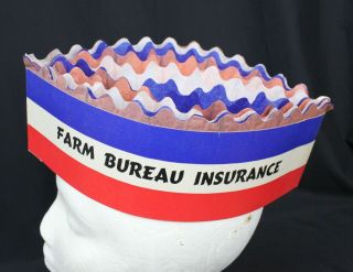Vtg Farm Bureau Insurance Paper Hat Fold Out Honeycomb Red White Blue Old Ad