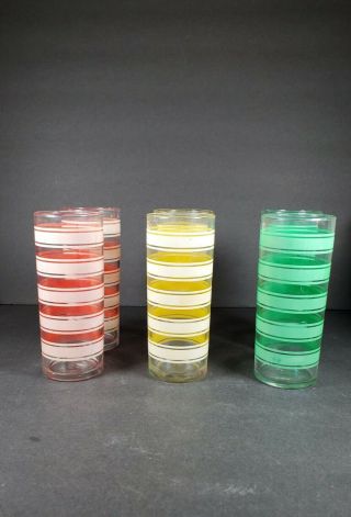 Vintage Set Of 6 Tall Orange,  Yellow And Green Drinking Glasses